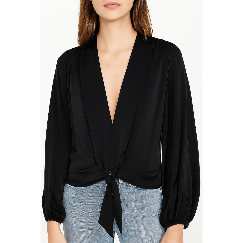 Nicholas The Label Tie Front Blouse Satin Crepe Balloon Long Sleeve Black US 2